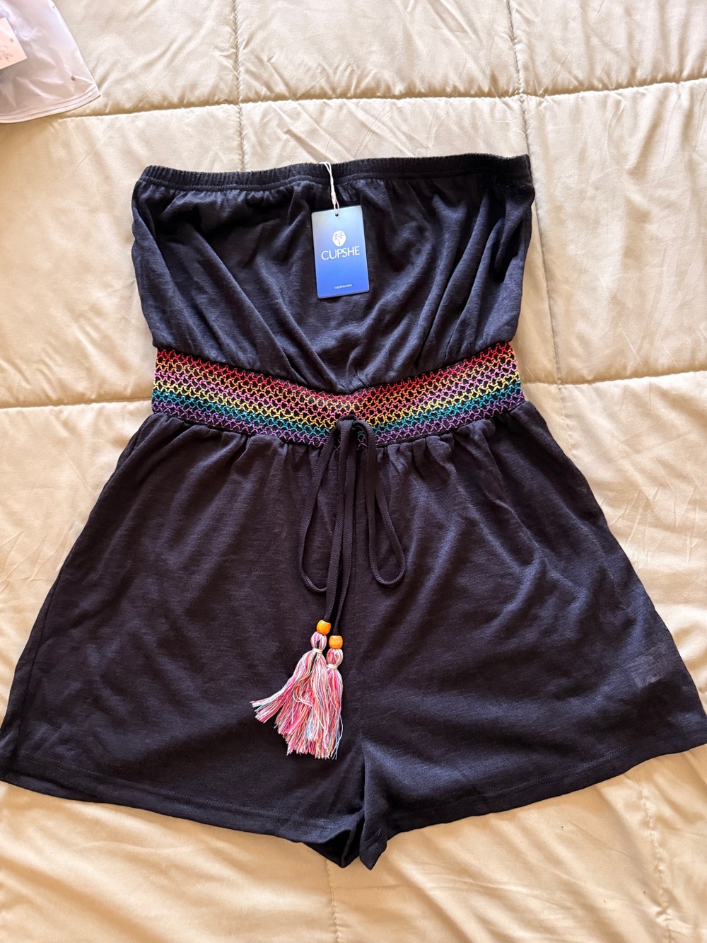 Cupshe Black Strapless Romper with Rainbow Smocked Waistband